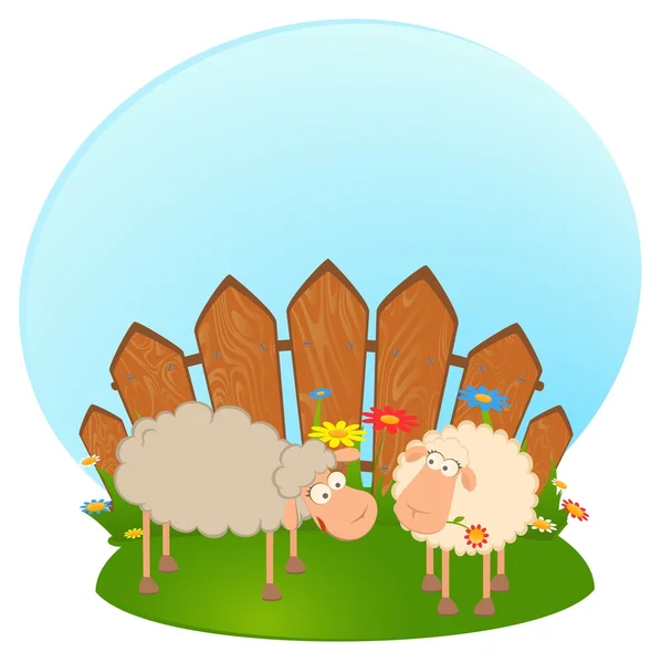 Vector landscape background with two cartoon smiling sheep — Stock Vector