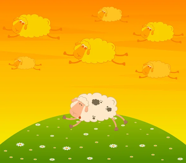 Cartoon fliegende Schafe träumen ein schlafendes Schaf — Stockvektor