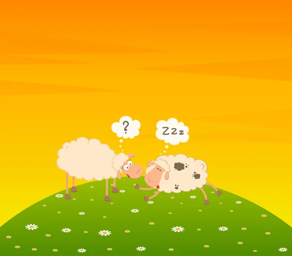 Landscape background with two cartoon smiling sheep — Stock Vector