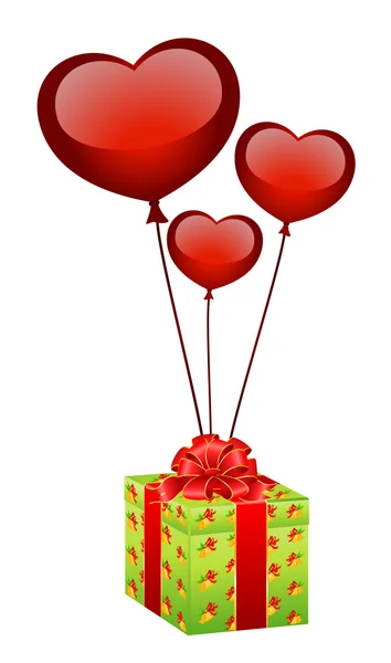 Christmas gift with balloons in form hearts on a white background — Stock Vector