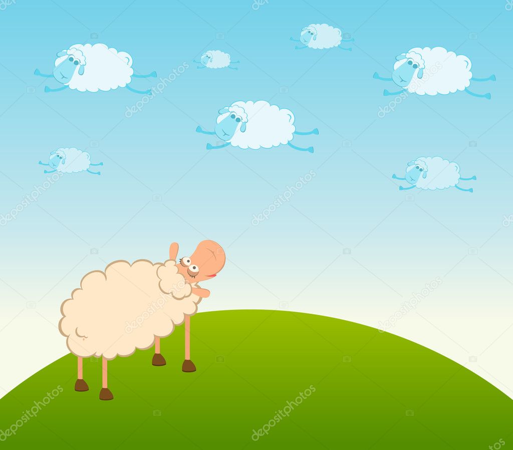 Cartoon clouds fly as smiling sheep