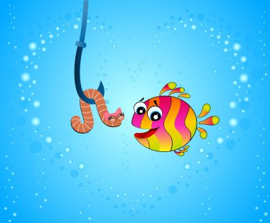 Little cartoon funny fish love a worm clipart