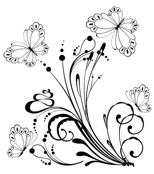 Piękne grafika tła z tropikalnych kwiatów z motyl — Wektor stockowy