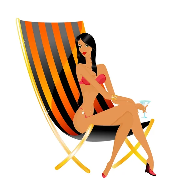 The beautiful young woman in a bathing suit in a beach armchair — Stock Vector