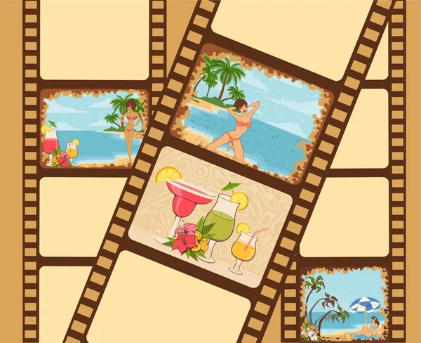 Vector leeg film kleurrijke strip met mooie meisjes op een strand van de zomer — Stockvector