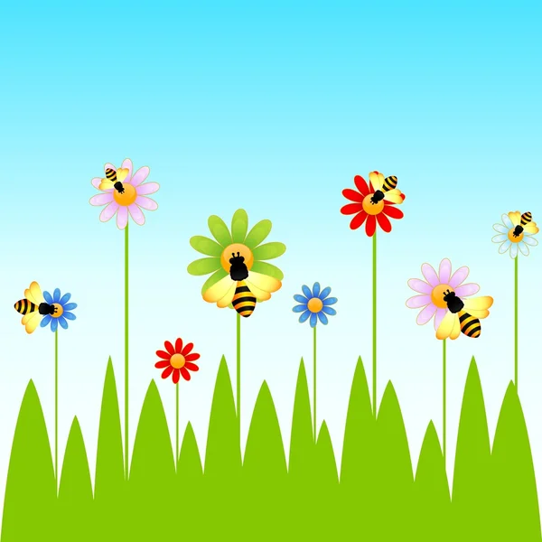 Komik arı ve camomiles — Stok Vektör