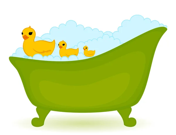 Banho verde com patos em isolado no fundo branco — Vetor de Stock