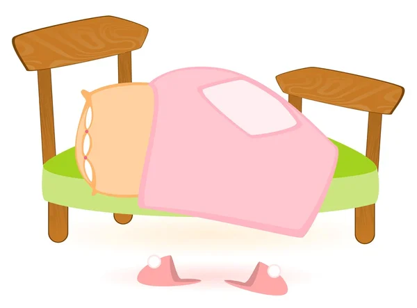 stock vector Cartoon bed with a blanket and pillow, pink slippers