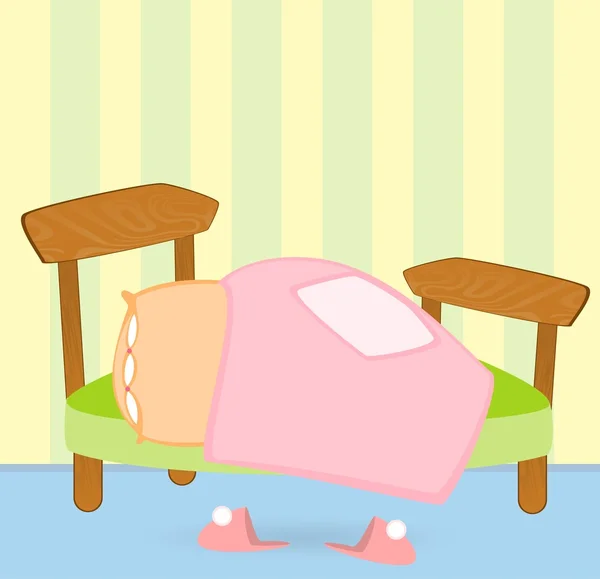 Cama dos desenhos animados com um cobertor e travesseiro, chinelos rosa — Vetor de Stock