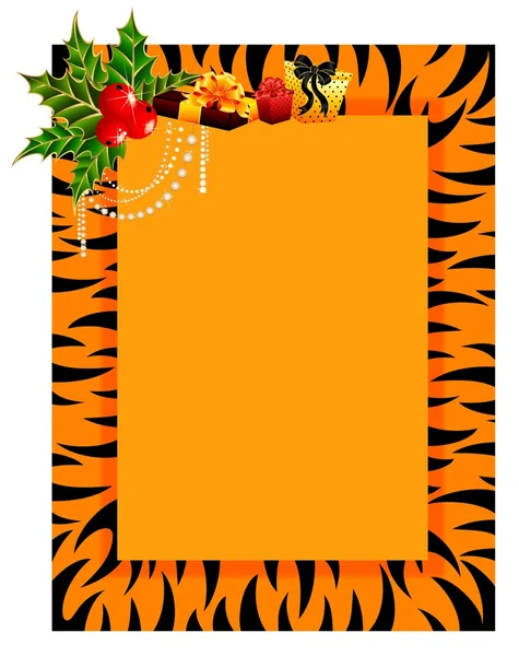 Hermoso marco en estilo de tigre está decorado con un arco para postales de Navidad — Vector de stock