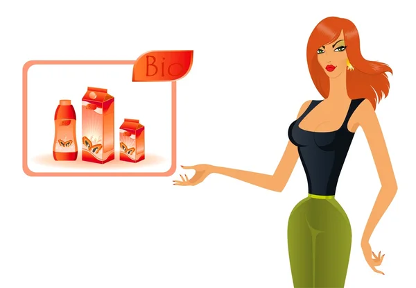 Красивая женщина, показывающая пальмовую упаковку молочных продуктов с фруктами — стоковый вектор