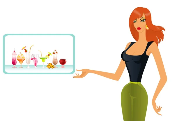 Belle femme, montrant un ensemble de cocktails palmier dans un assortiment — Image vectorielle