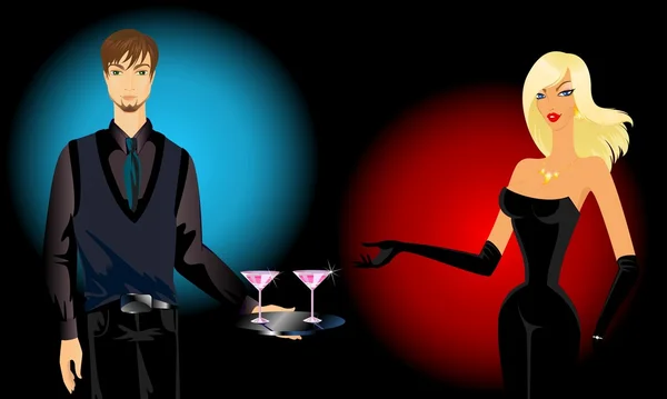 Jeune serveur donne une belle fille un cocktail — Image vectorielle