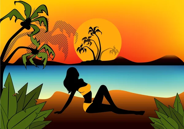 Черный силуэт девушки на заднем плане заката на летнем пляже — стоковый вектор