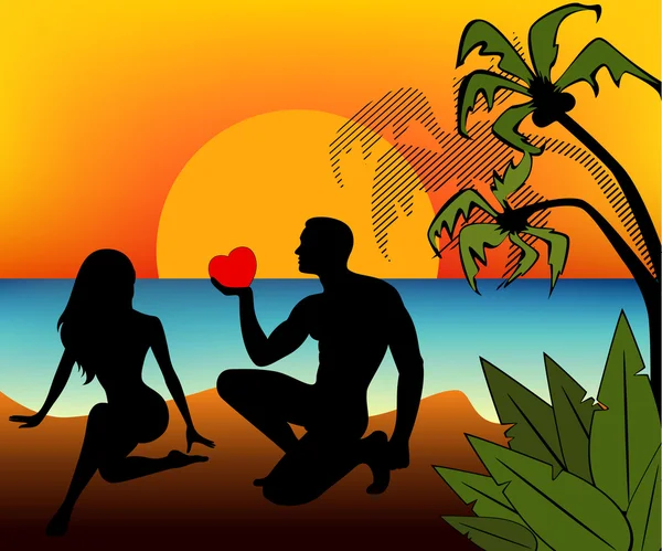 Black silhouette of girl and man on a background sunset on a summer beach — Stock Vector