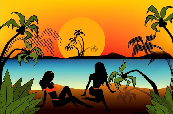 Lányok a háttérben naplemente a nyári strand a fekete sziluettje — Stock Vector