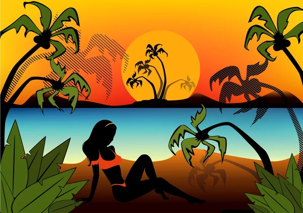 Black silhouette of girl on a background sunset on a summer beach — Stock Vector