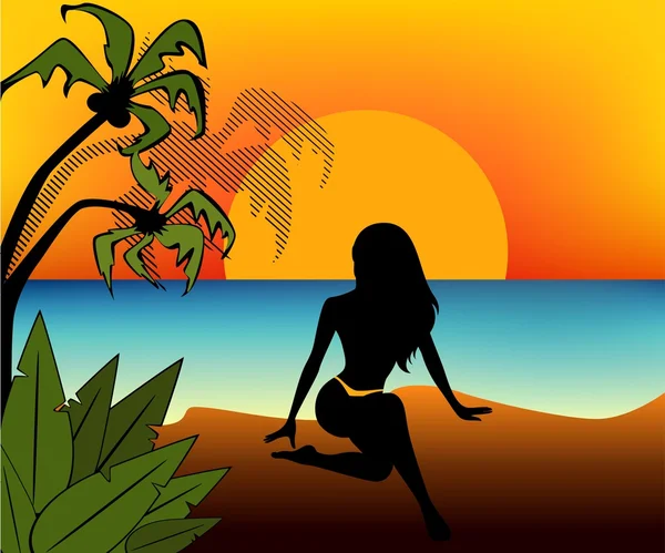 Чорний силует дівчини на фоні заходу сонця на літньому пляжі — стоковий вектор