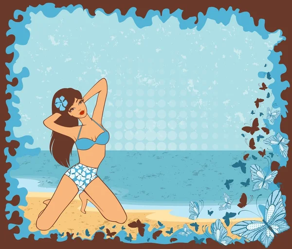 Belle fille sur une plage d'été — Image vectorielle