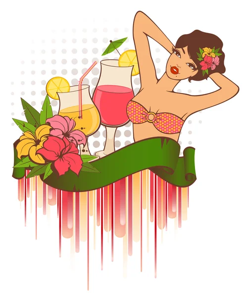 Beautiful pin-up girl with cocktail in retro style — Stock Vector