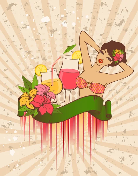 Belle pin-up girl avec cocktail dans un style rétro — Image vectorielle