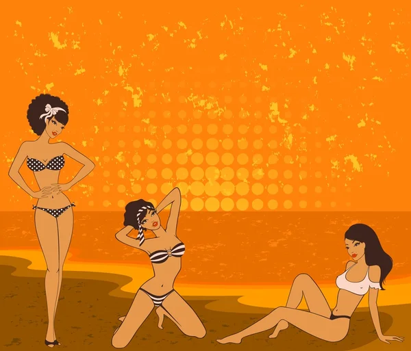 Vackra flickor på en sommar strand. — Stock vektor