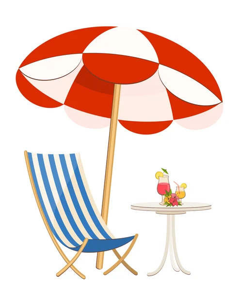 Dinner-wagon with a cocktail, umbrella sunshade and deck-chair — Stock Vector