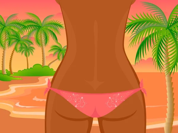 Sexy coxas femininas estão em biquíni em uma praia —  Vetores de Stock