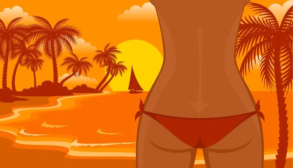 Sexig fruntimmersaktig lår är i bikini på en strand — Stock vektor