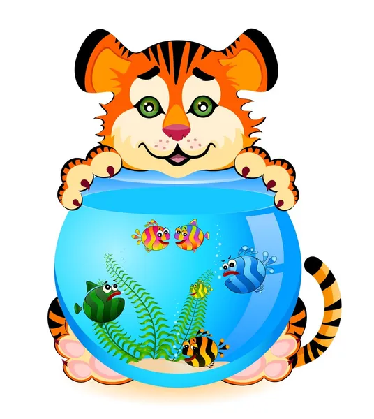 Pequeño tigre de dibujos animados con pequeños peces tropicales coloridos en el acuario — Vector de stock