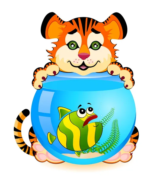 Pequeño tigre de dibujos animados con pequeños peces tropicales coloridos en el acuario — Archivo Imágenes Vectoriales
