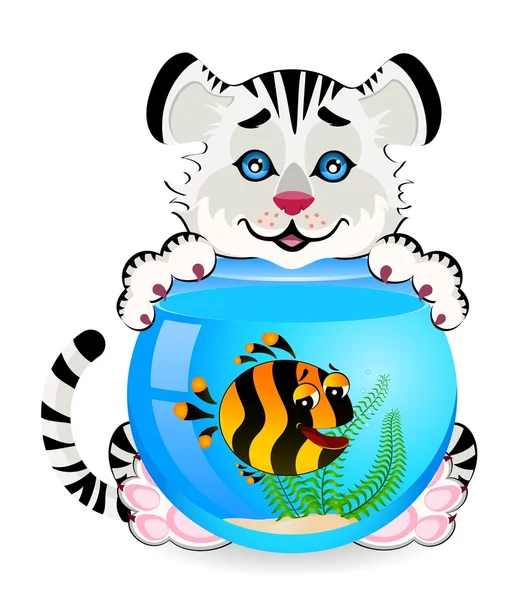 Piccola tigre dei cartoni animati con piccoli pesci tropicali colorati in acquario — Vettoriale Stock