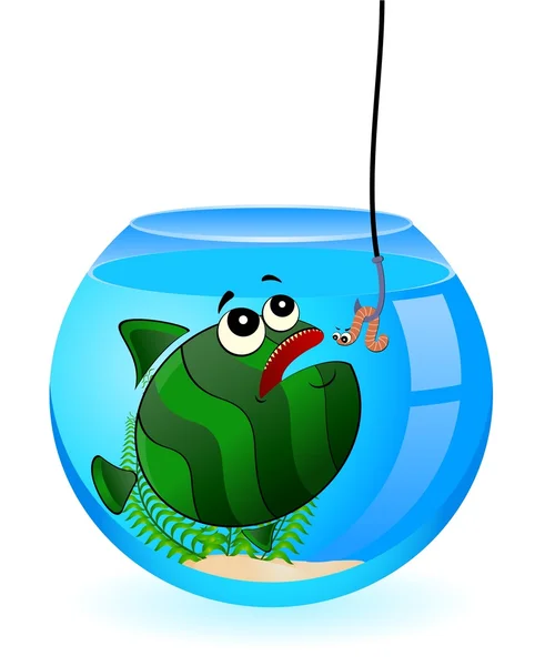Cartoon funny fish eats a little worm — Stock Vector