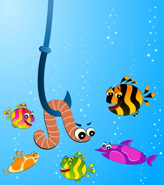 Little cartoon funny fish eats a worm — Stock Vector