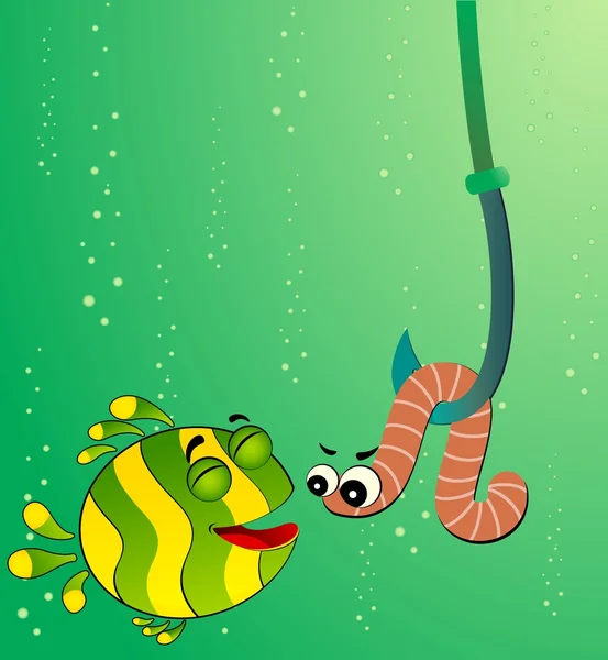 Petit dessin animé drôle poisson mange un ver — Image vectorielle