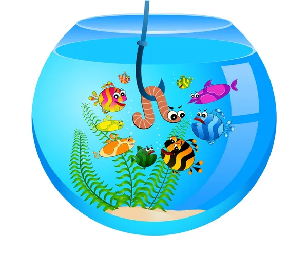 Dessin animé drôle de poisson mange un petit ver — Image vectorielle