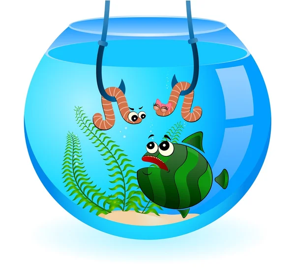 Dibujos animados peces divertidos come un pequeño gusano — Vector de stock