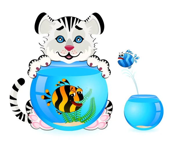 Pequeño tigre de dibujos animados con pequeños peces tropicales coloridos en el acuario — Vector de stock