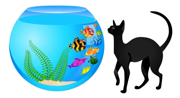 Γάτα γελοιογραφία με μικρά πολύχρωμα τροπικά ψάρια στο ενυδρείο — Διανυσματικό Αρχείο