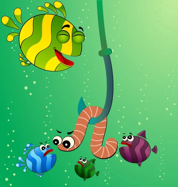 Petit dessin animé drôle poisson mange un ver — Image vectorielle