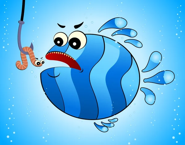 Küçük karikatür komik balık solucan yiyor — Stok Vektör