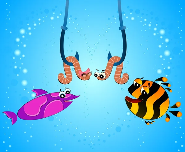 Pequeños dibujos animados peces divertidos aman a un gusano — Vector de stock