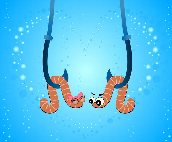 Desenhos animados dois vermes pendurar em ganchos sob a água — Vetor de Stock