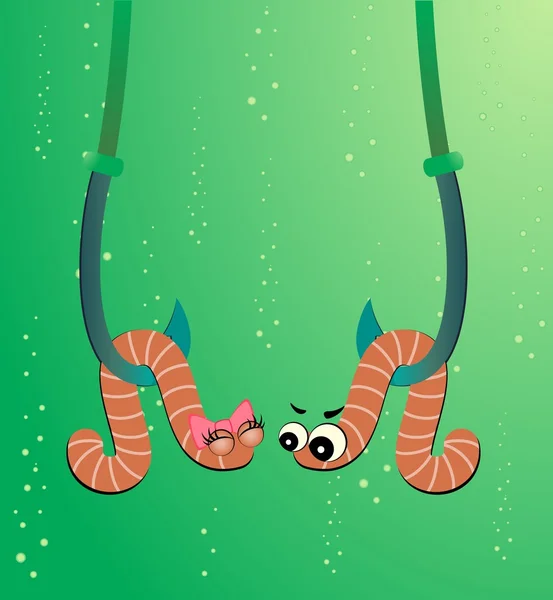 Cartoon two worms hang on hooks under water — Stock Vector