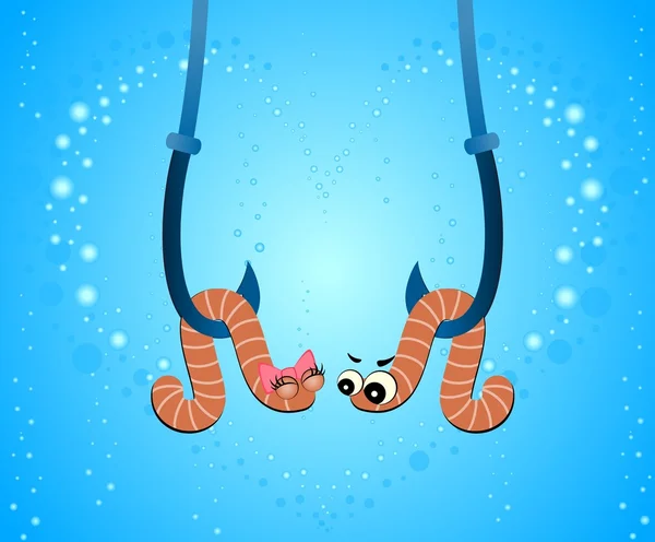 Cartoon two worms hang on hooks under water — Stock Illustration Cartoon two worms hang on hooks under water Stock Vector