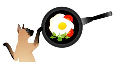 Siamese cat wants to eat the fried eggs from a frying pan clipart