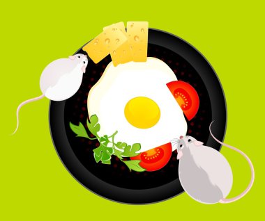 Little mouses wants to eat the fried eggs and cheese from a dish clipart