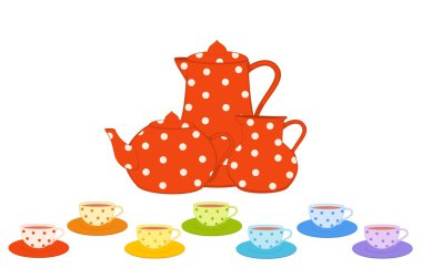 Vector set of color beautiful cups and red tea-pots clipart