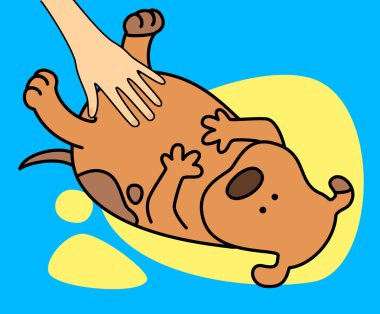 Vector illustration of cartoon dog is petted by the hand of owner clipart