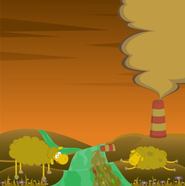 Healthy sheep looks at a dead sheep and factory is contaminated by atmosphe clipart